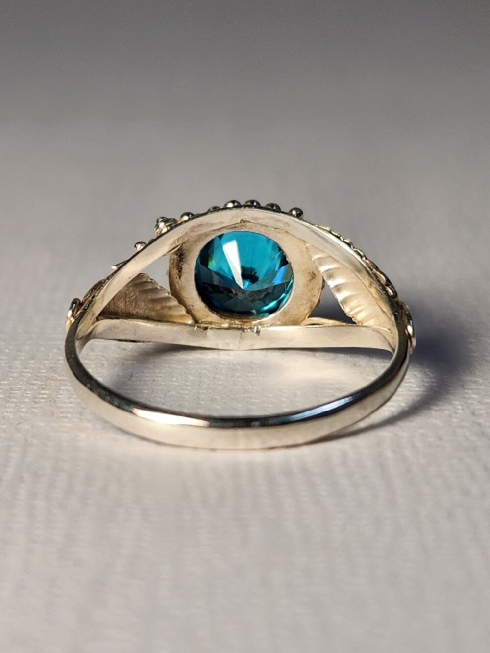 VTG Boutique 925 Natural Neon Blue Apatite Leaf Motif Scalloped Bezel Ring Sz 7 - Picture 5 of 12